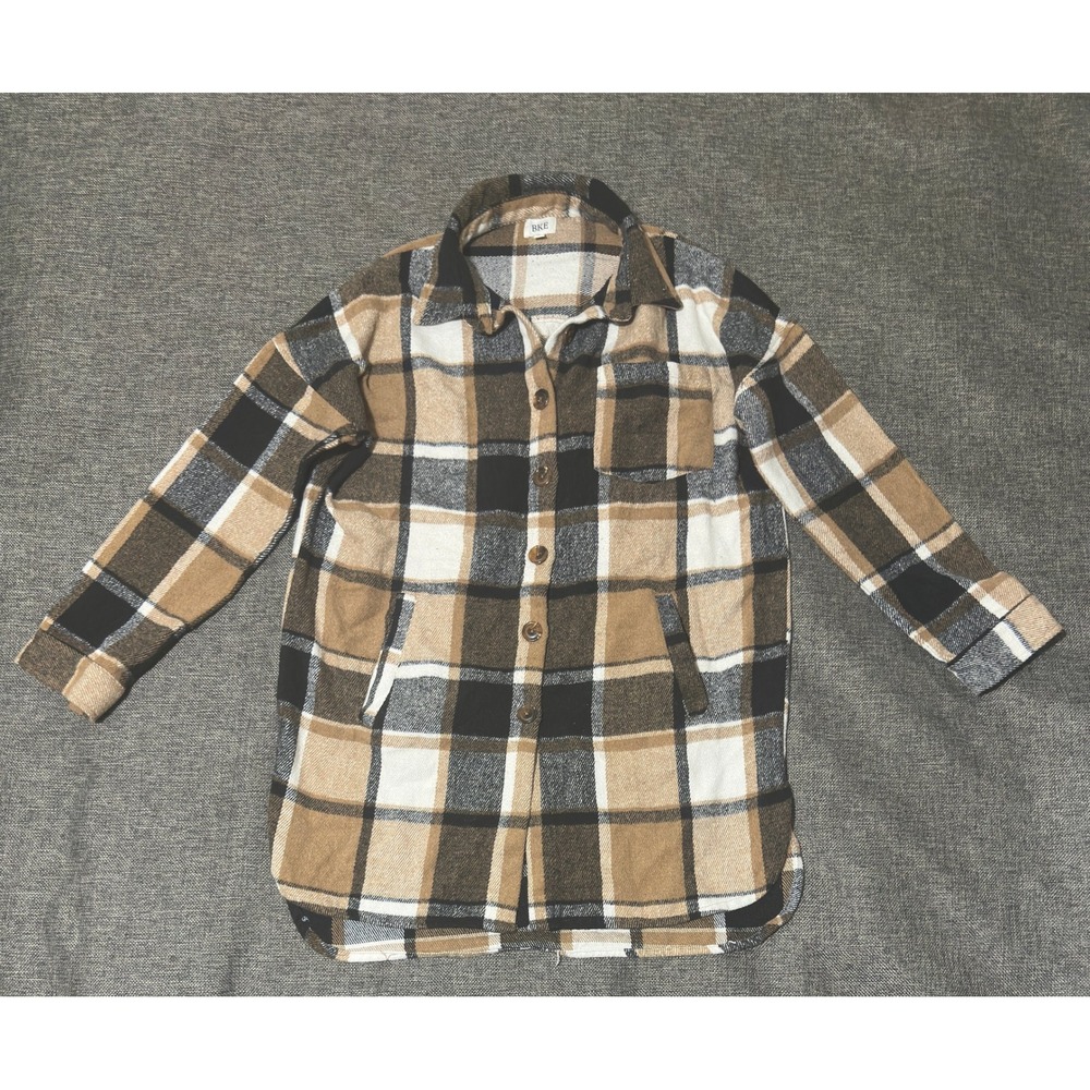 BKE Womens Small Shacket Brown Plaid Long Sleeve Button Up Flannel Shirt Jacket - Picture 1 of 7